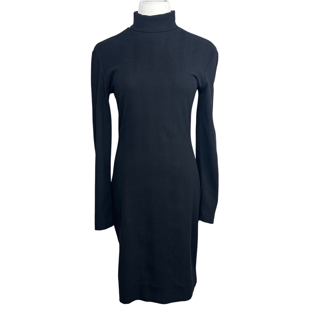 Norma Kamali Neiman Marcus Vintage Black Ribbed Knit Turtleneck Midi Dress S